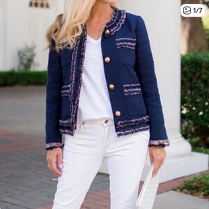 J. Crew Navy Tweed Jacket with Floral Trim